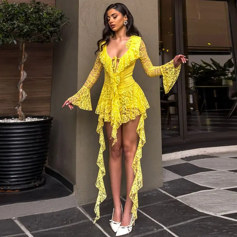 Vintage col en v profond dentelle décontracté robe irrégulière femmes vêtements Y2k Sexy dentelle transparente robe douce esthétique doux Mini robe