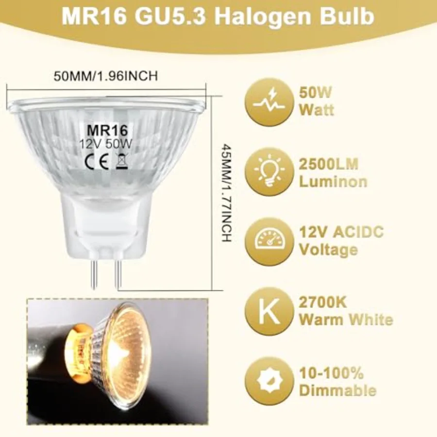 MR16 Halogen Bulb 50W 12V, High Output Halogen Light Bulbs 2 Pin GU5.3 Base with Clear Glass Cover for Landscape Lights, Track