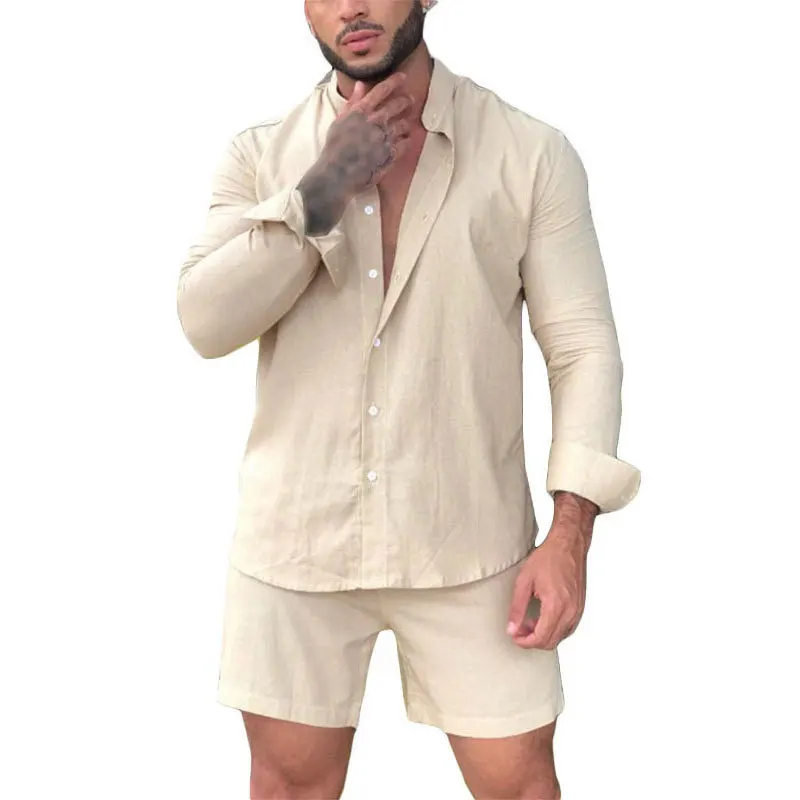

2025 Men's Shorts Set Button-up Long Sleeve Shirt + Shorts Casual Beach Outfits Men Two Piece Tracksuit Fashion Streetwear