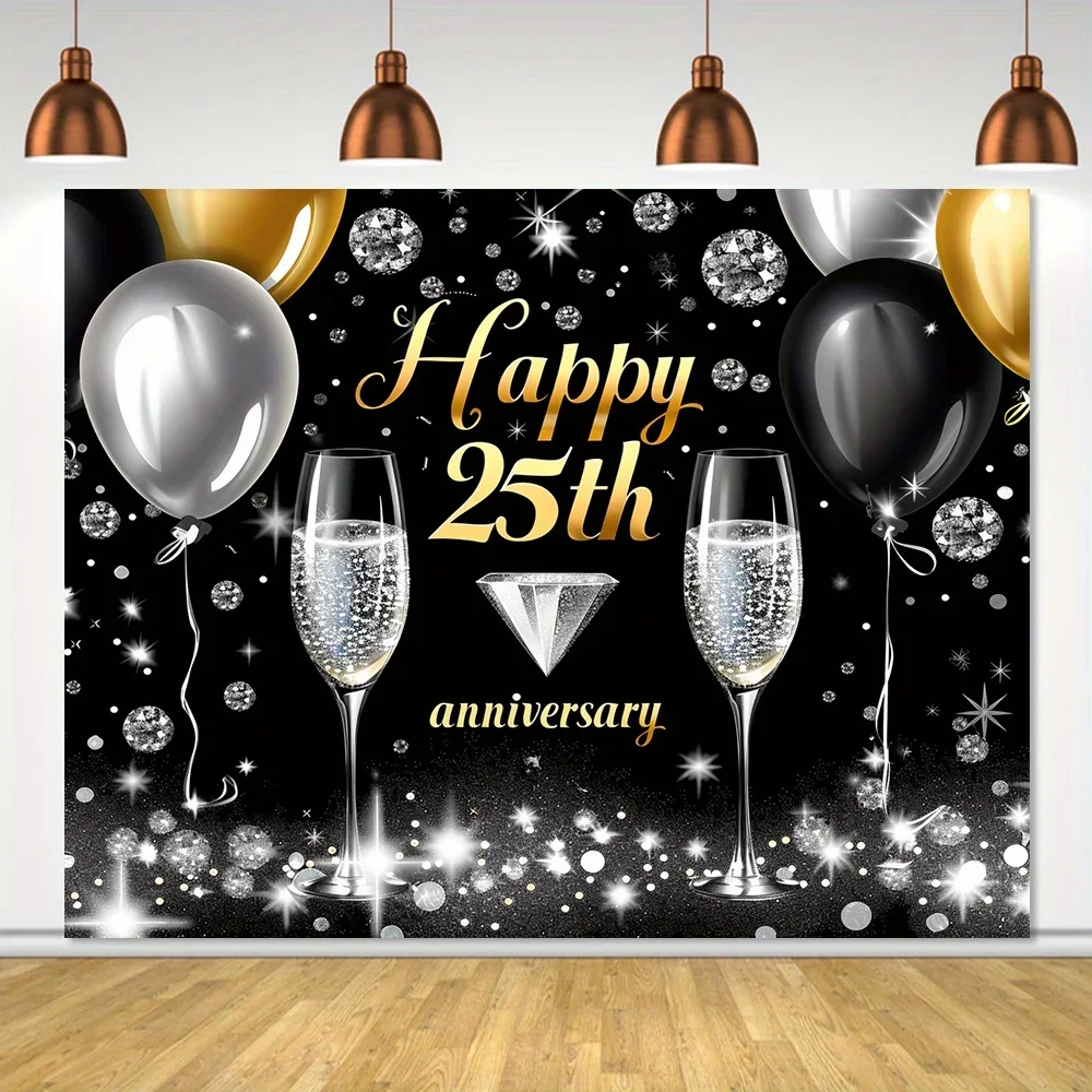 Happy 25th Anniversary Banner,Polyester wedding and anniversary party decor,black and silver background, no electricity required