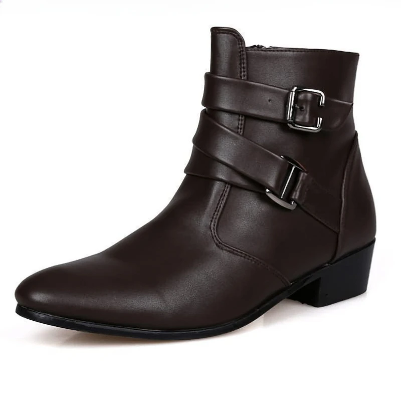 

New autumn men's leather Boots Belt buckle outdoor anti slip Footwear Fashion pointed high boot Casual comfortable male shoes