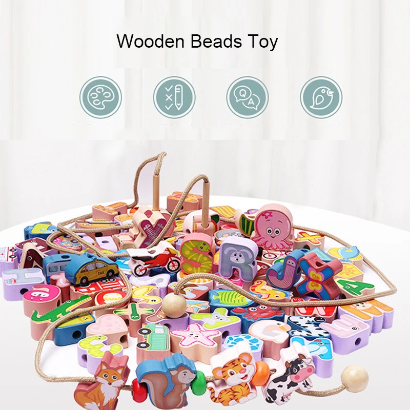 100pcs Children DIY Wooden Lacing Beads Toy Cartoon Digital Alphabet Animal Cognition Kids Montessori Educational Toy baby Gifts