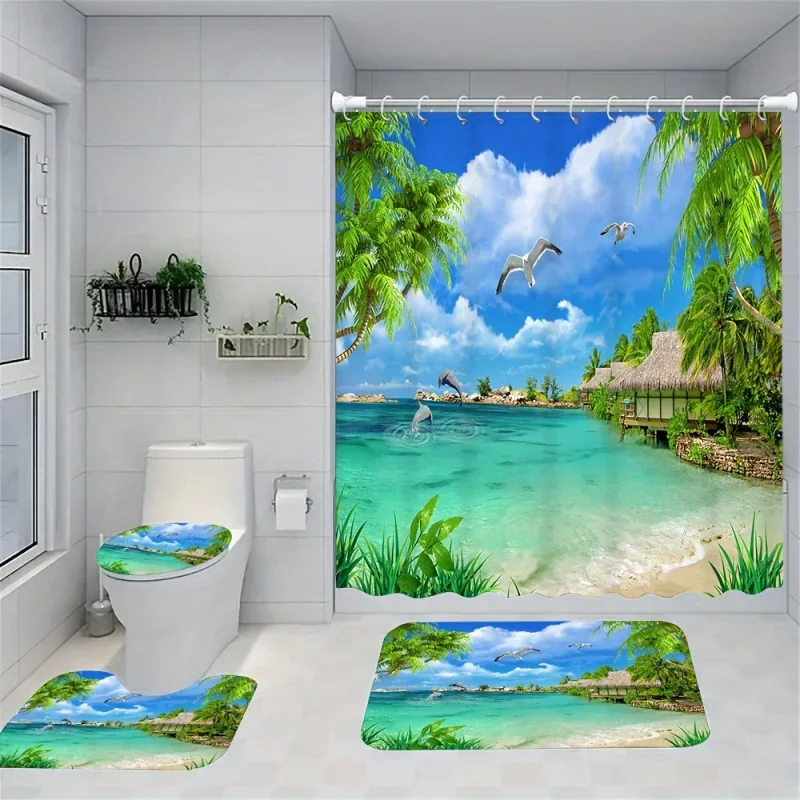 

Комплект тропических пляжных занавесок для душа с нескользящим ковриком для ванной, крышкой для унитаза, ковриком для ванной комнаты и 12 пластиковыми крючками — водонепроницаемость