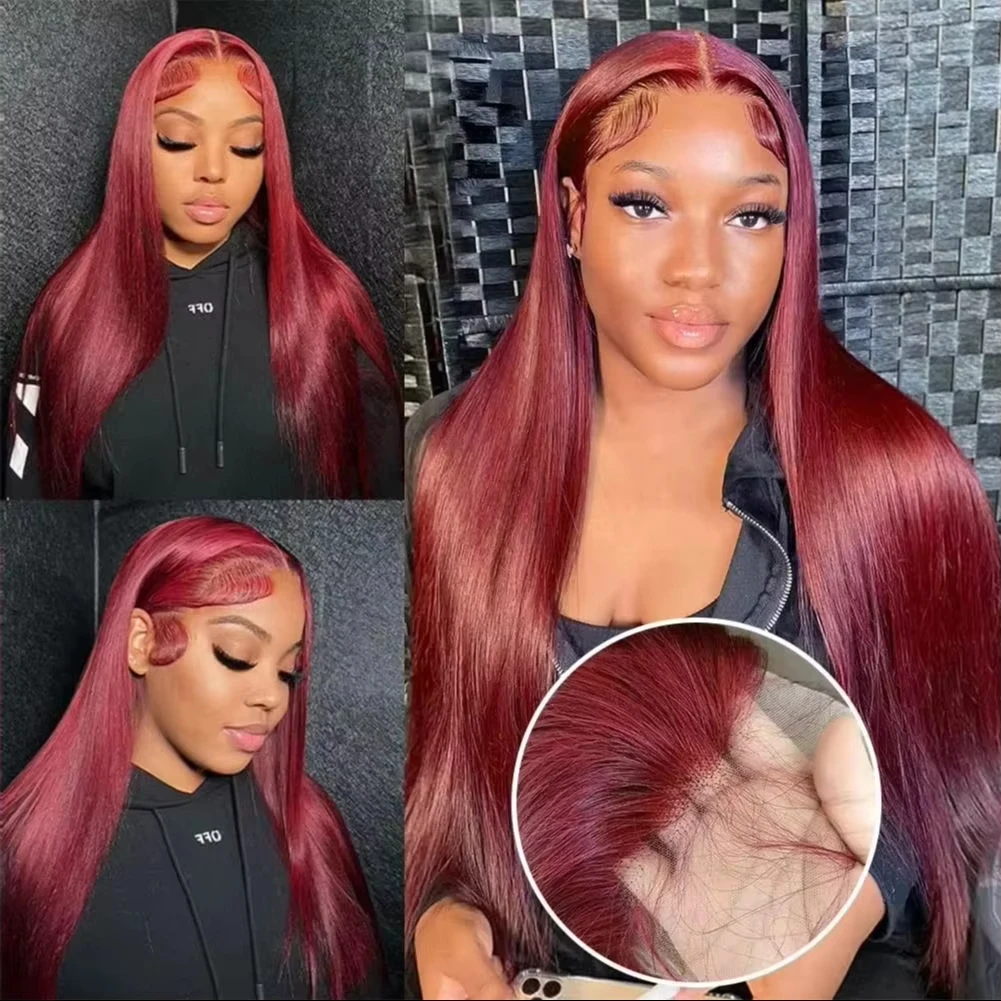 32 Inch 99J Burgundy Straight 13x6 Lace Front Wigs Red Colored 13x4 HD Transparent Lace Frontal Wig Brazilian Remy Human Hair