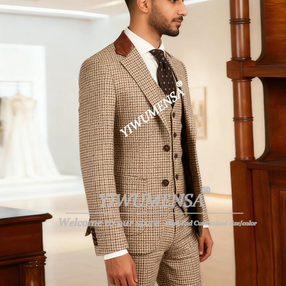 

Elegant Plaid Tweed Suit Men 3 Pieces Set British Style Prom Blazers Customized Groom Wedding Tuxedos Man Banquet Party Outfits
