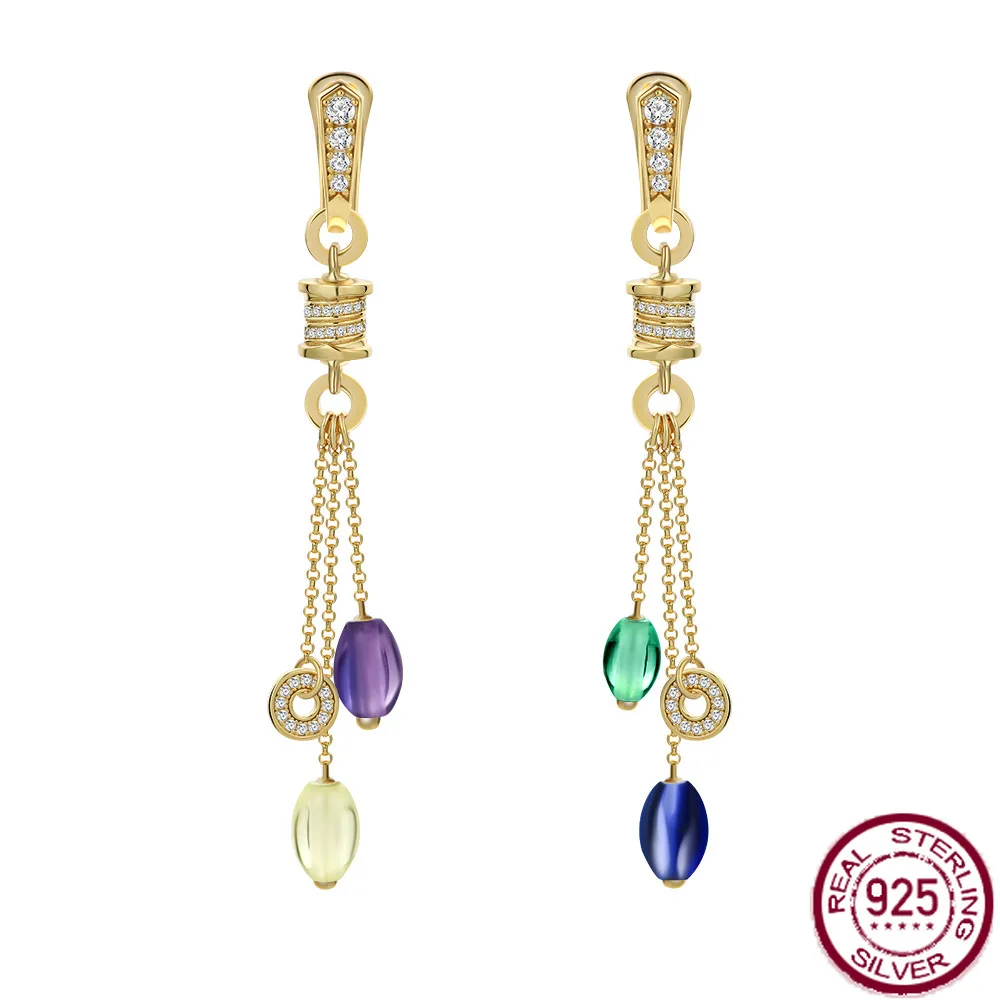 

New S925 pure silver inlaid 6.5 * 8 * 7 colored gemstones, light luxury high-end K gold earrings, wedding jewelry