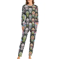 Colorful Skeleton Pajamas Lady Mexican Sugar Skull Trendy Sleepwear Spring 2 Pieces Aesthetic Oversize Pajama Sets