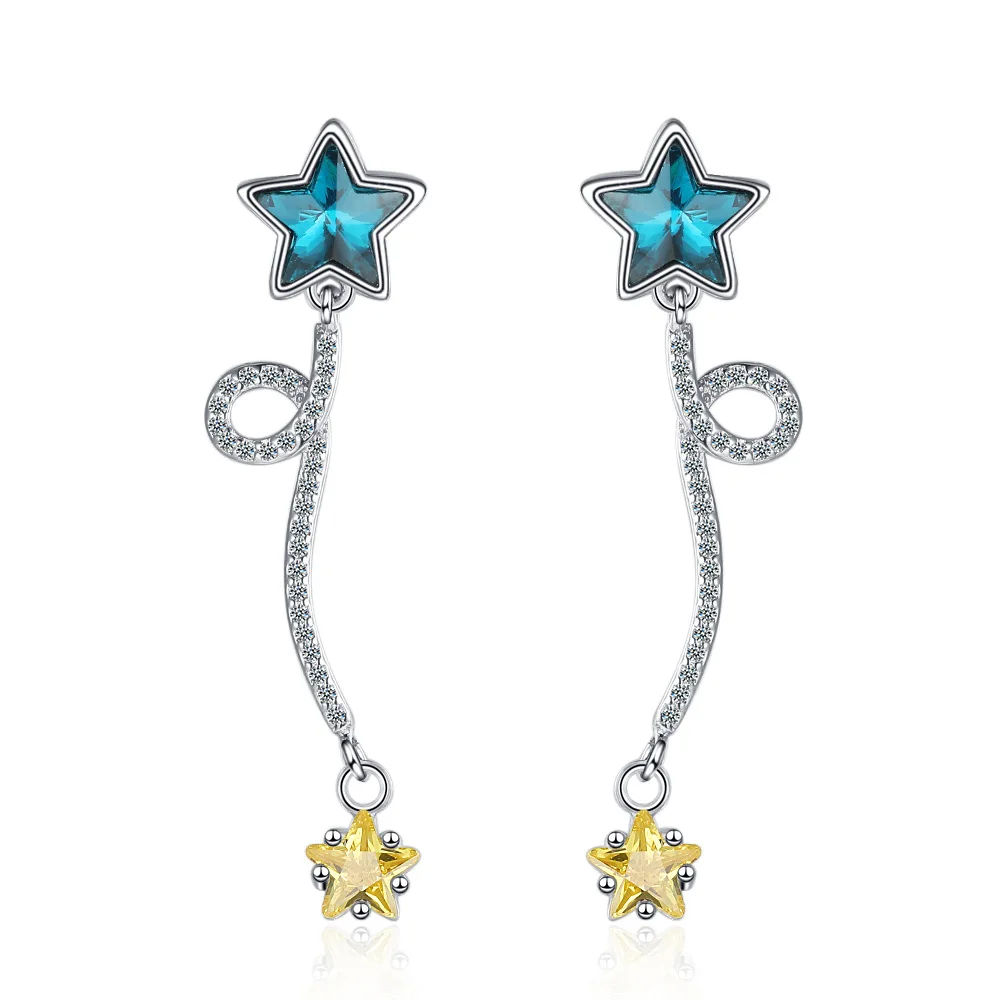 

925 Sterling Silver Earrings Long Blue and Yellow Star Earrings Ladies Fashionable Simple Birthday Party Wedding Jewelry Gift