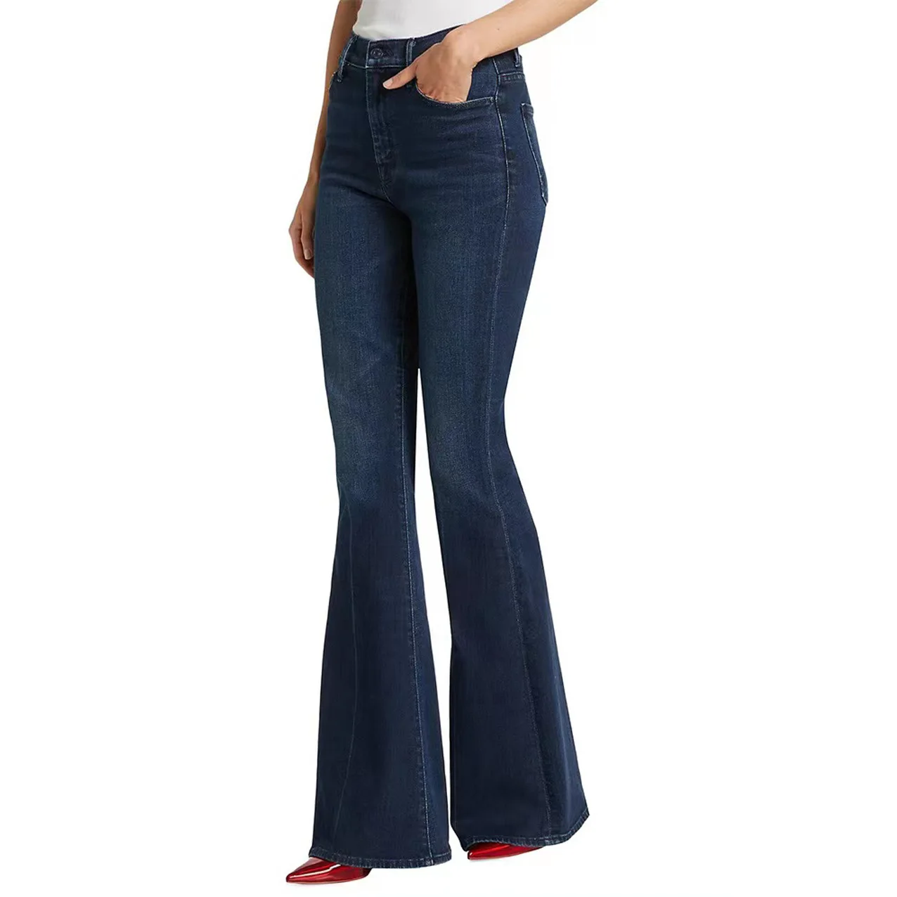 A 2024 early spring new high waisted deep blue midline slim fit and slim fit large horn denim women\'s pants MO508