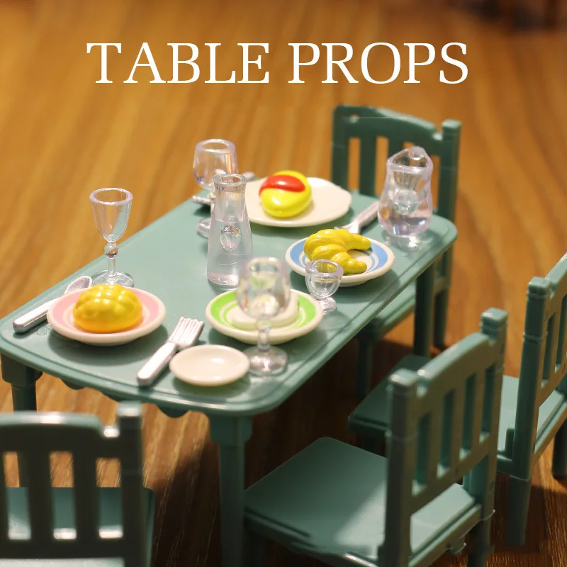 Forest Family Mini Dining Table Furniture Miniture Acessories Breakfast Wine Cup DIY DollHouse Kitchen Model Decoration For Kids