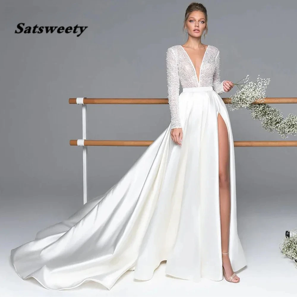 

Luxury Long Sleeve Satin Wedding Dress Deep V-Neck Side Split Bridal Party Gown vestido de novia Sweep Train 2024