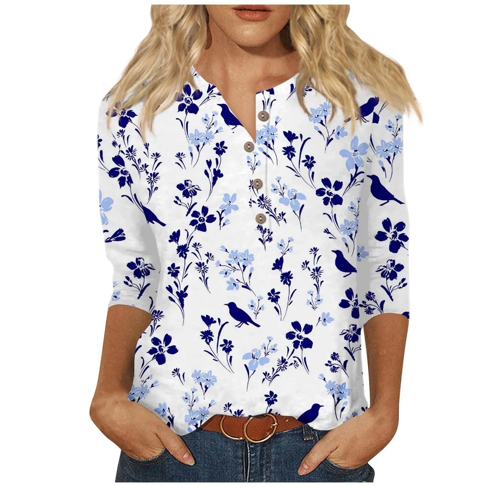 بلوزة نسائية أنيقة بطبعة زهور جميلة ، قمصان مقاس كبير للنساء ، قمم غير رسمية يومية ، كم أساسي ، قمم برقبة أزرار