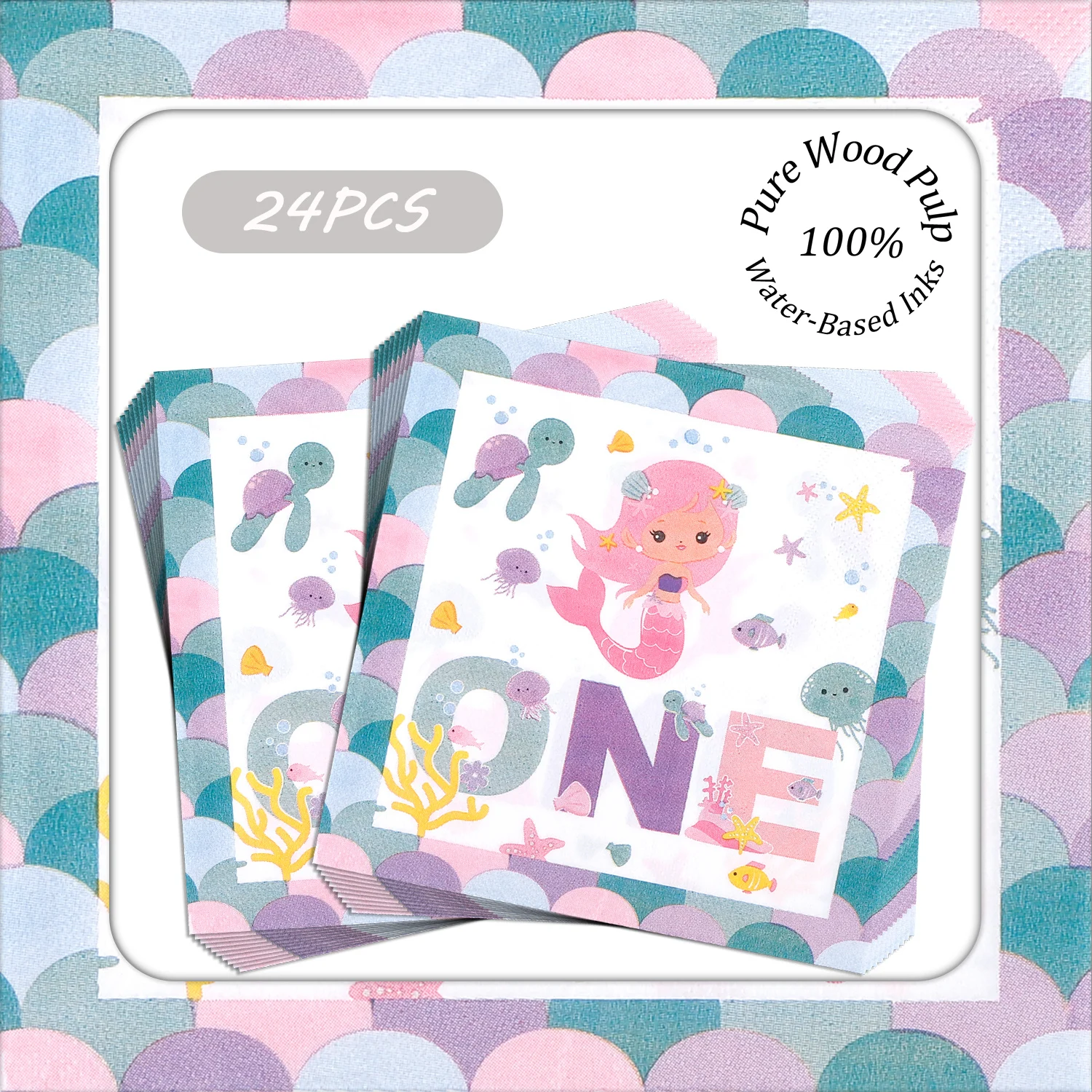 

24pcs 33x33cm Printed Paper Napkins Ocean Fairy Tale 1st Birthday Design Pure Wood Pulp Disposable Party Napkins for Baby Shower