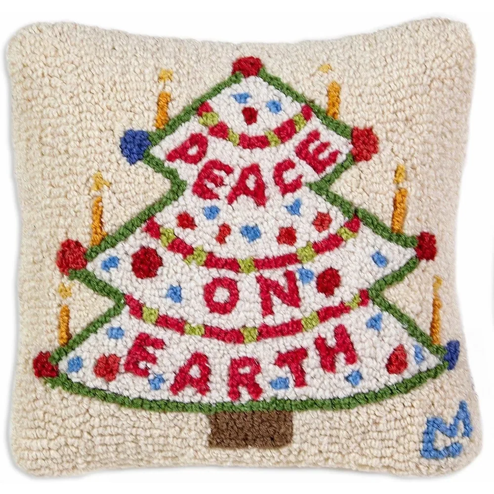 Peace on Earth Hand-Hooked Wool Decorative Throw Pillow (14 in x 14 in) Christmas Pillow for Couches & Beds - Low Maintenance