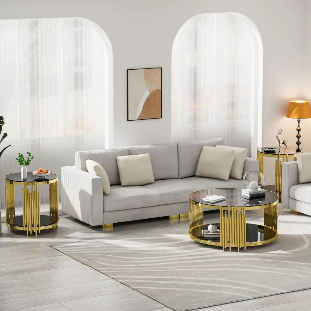 

Gold Round Glass Coffee Table Set of 3, Black End Table Modern Living Room Table, Stainless Steel Irregular Leg, 2 Side Tables