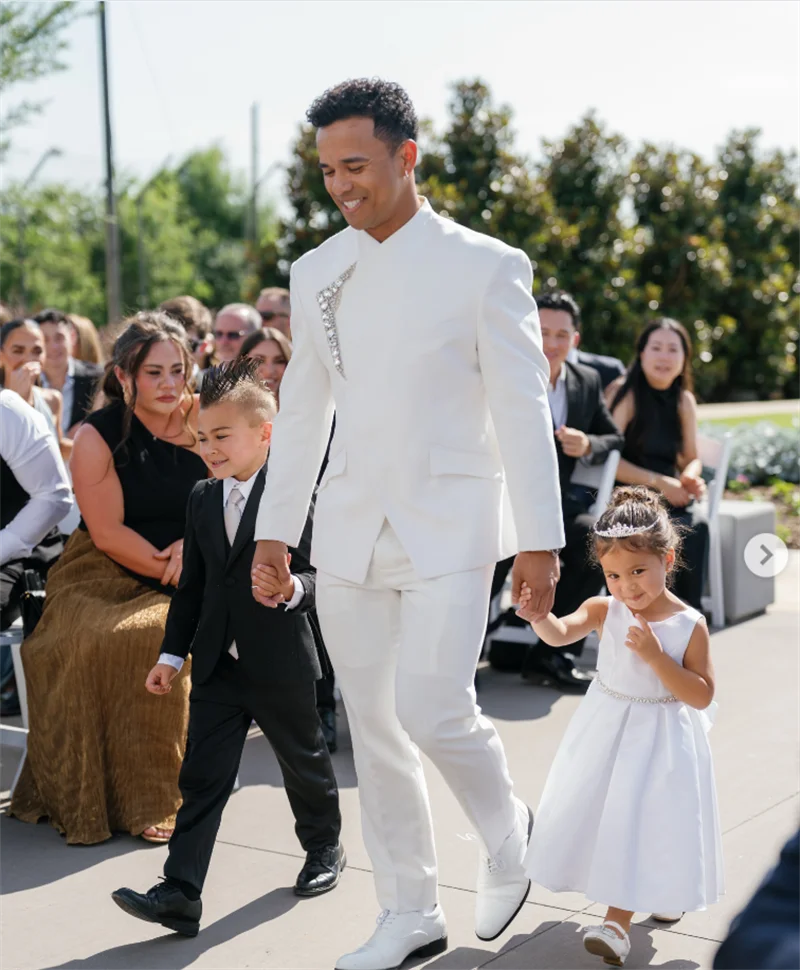 

White Groom Men Suit Set 2 Pcs Beaded Blazer+Pants Trousers Wedding Tuxedos Formal Office Business Jacket Coat Customized