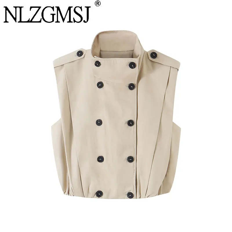 NLZGMSJ 2026 Autumn Casual Chic Women Tank Top Pleated Double Breasted Sleeveless Top Spring Holiday Fashion Top