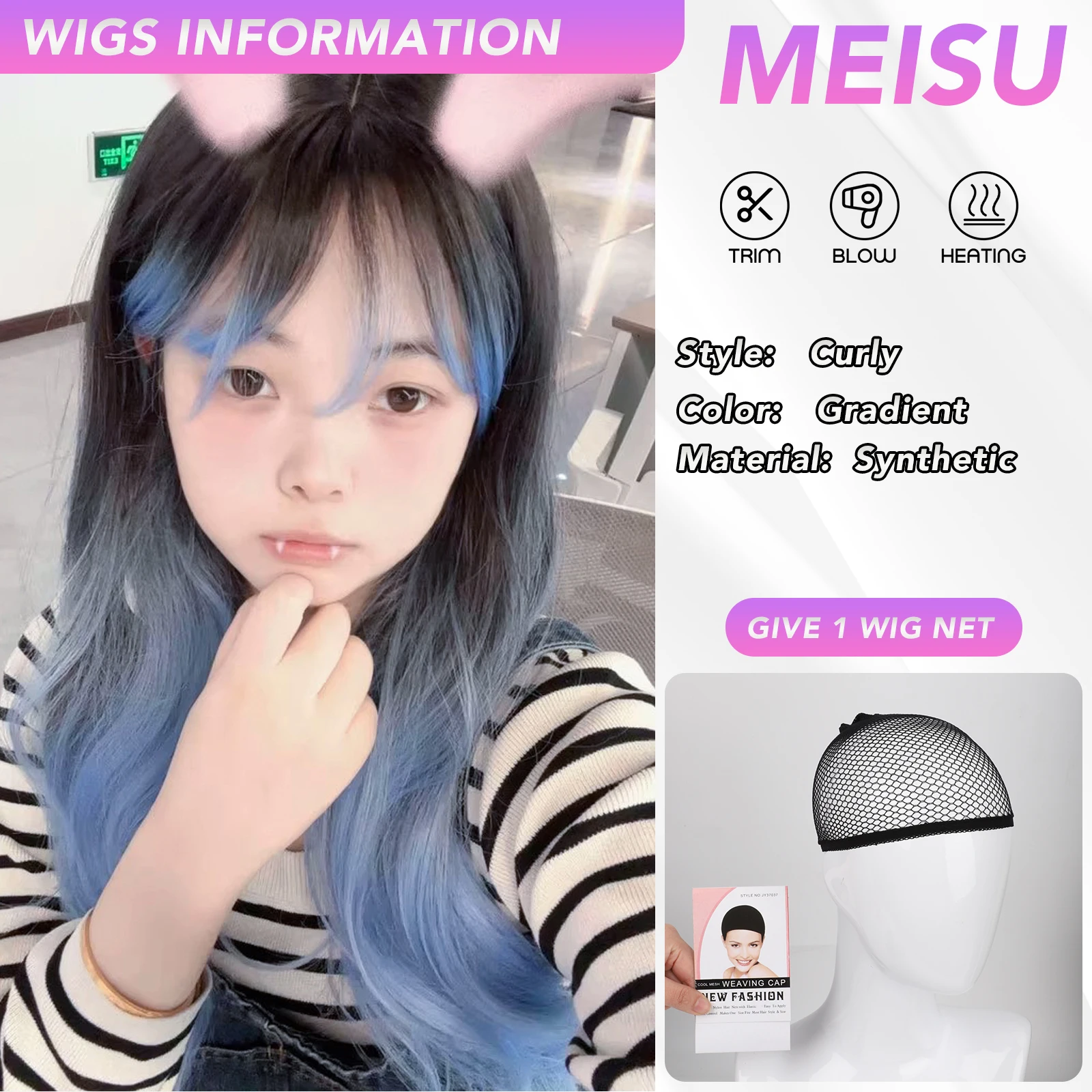 MEISU 26 بوصة الاصطناعية مجعد موجة الباروكات الهواء الانفجارات الشعر أسود أزرق مقاومة للحرارة الطبيعية وسلسة ارتداء اليومي للنساء