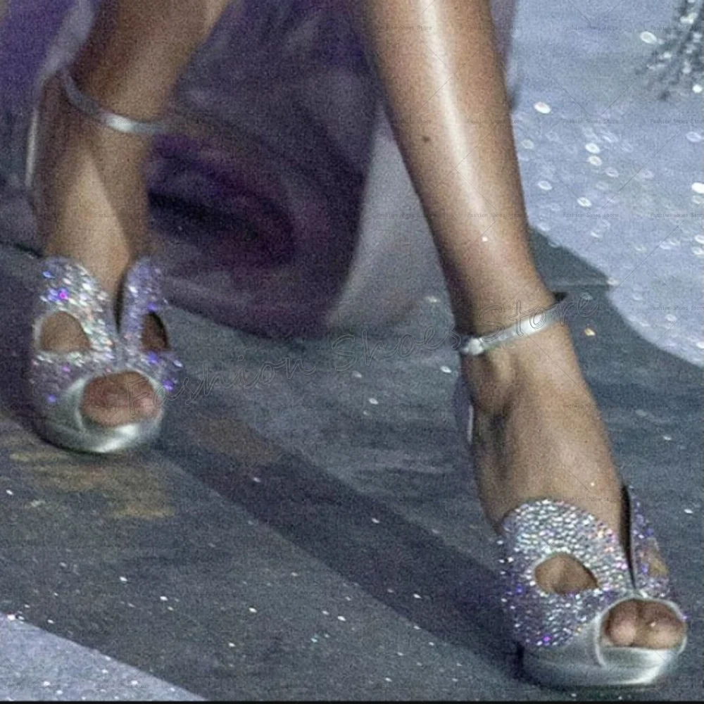 

Silver Peep Toe Hollow Out Crystal Sandals Buckle Strap Women Shoes Thin High Heels Party Banquet Dating 2025 Zapatos Para Mujer