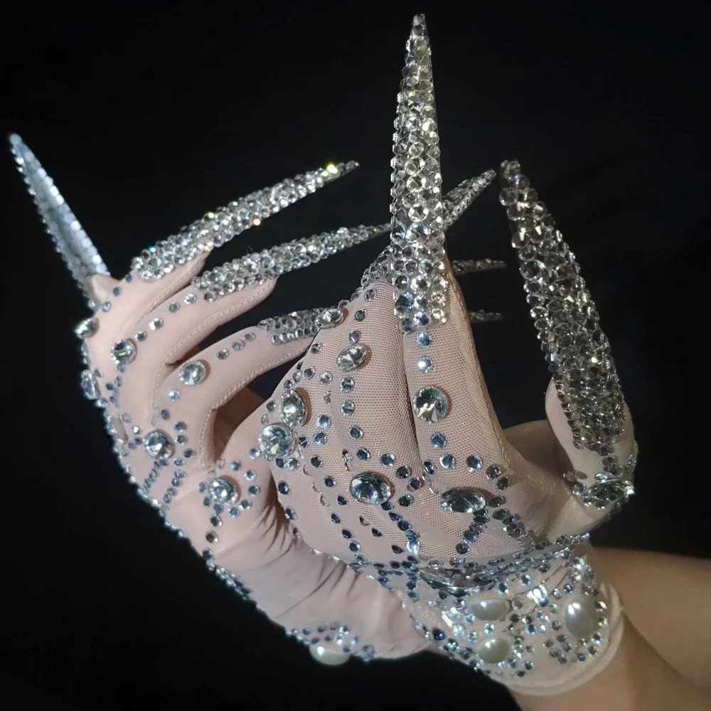 Luxurious AB Rhinestones Pearls Plus Length Nails Gloves Women Fashion Drag Queen Outfit Nightclub Stage Performance Accessories