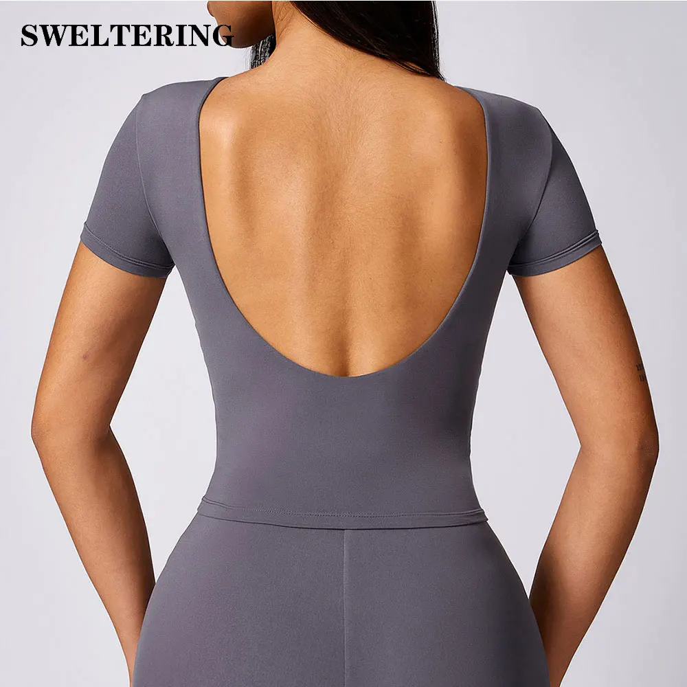 Sexy Yoga Shirts Women Top Backless Running Tops Tights Push Up Workout Gym Clothes Female Short Sleeve Fitness Sports T-Shirts