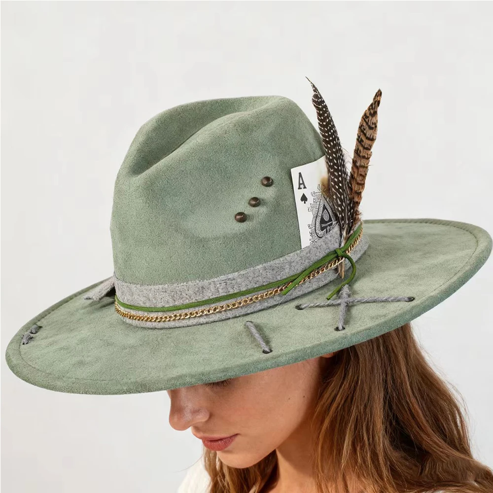 Color Blocking SuedeFedora Hats for Women Man Big Wide Brim Classic Suede Panama Hat Western Party hat sombrero rockero hombre