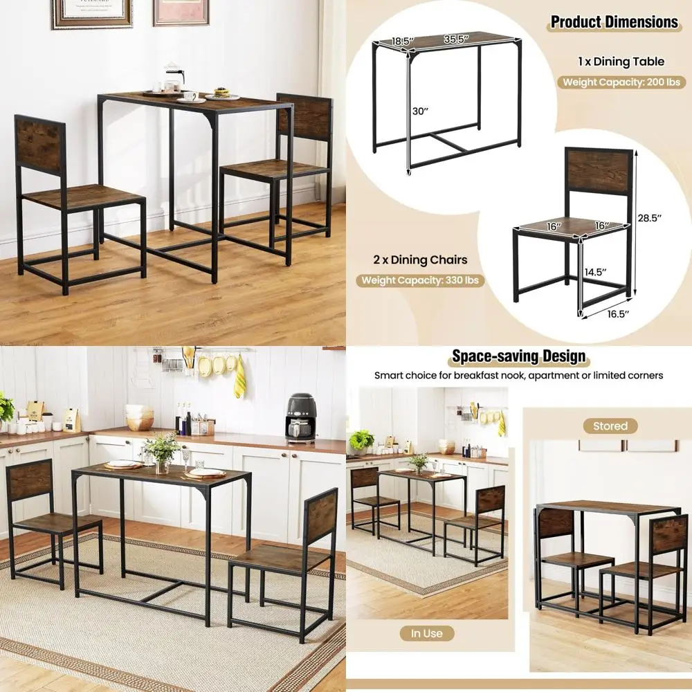 

Набор прямоугольных обеденных столов в индустриальном стиле для 2, стулья с металлическим каркасом, компактная кухонная обеденная зона для небольших помещений