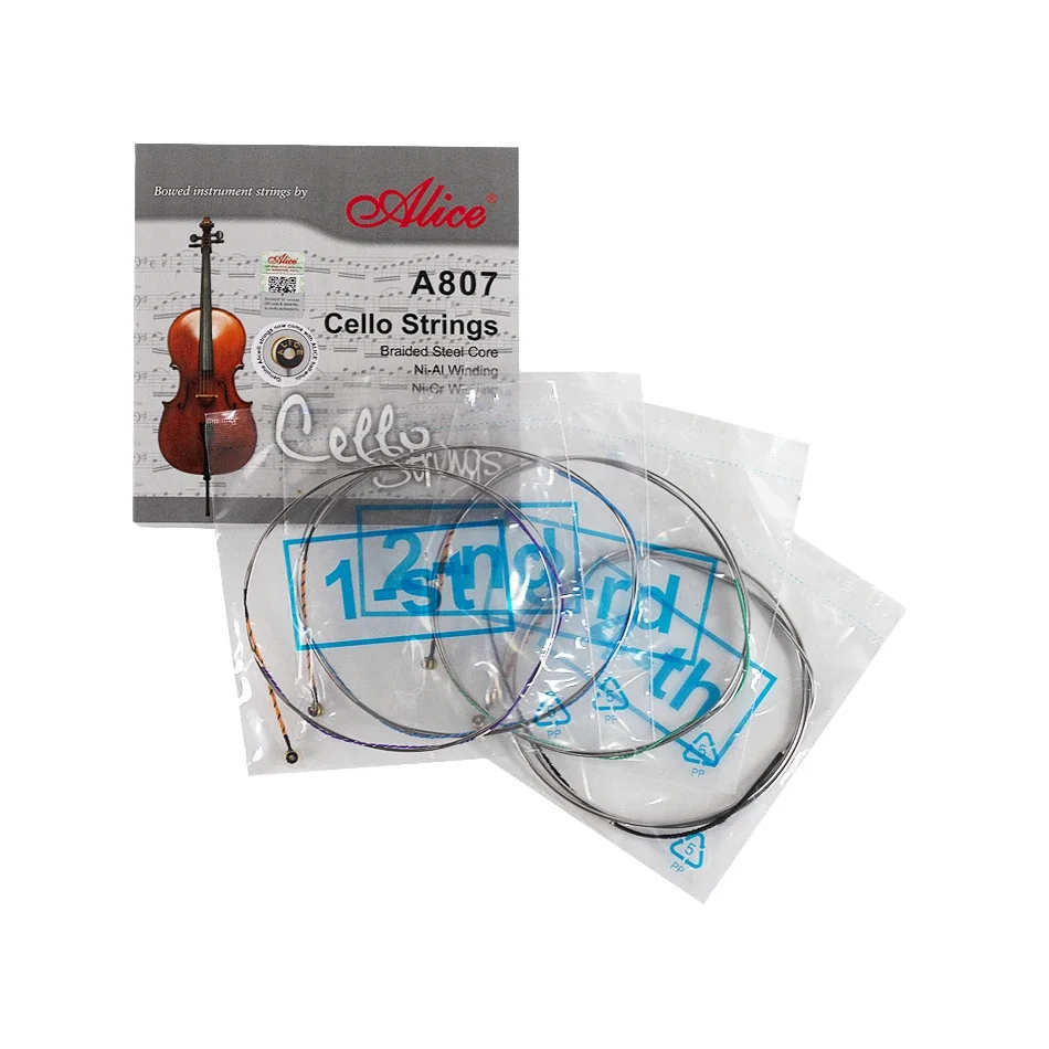 Alice A807 Cello Strings Braided Steel Core Ni-Al / Ni-Cr Alloy Winding Full Set For 4/4 Cello Performance Using Cello Strings