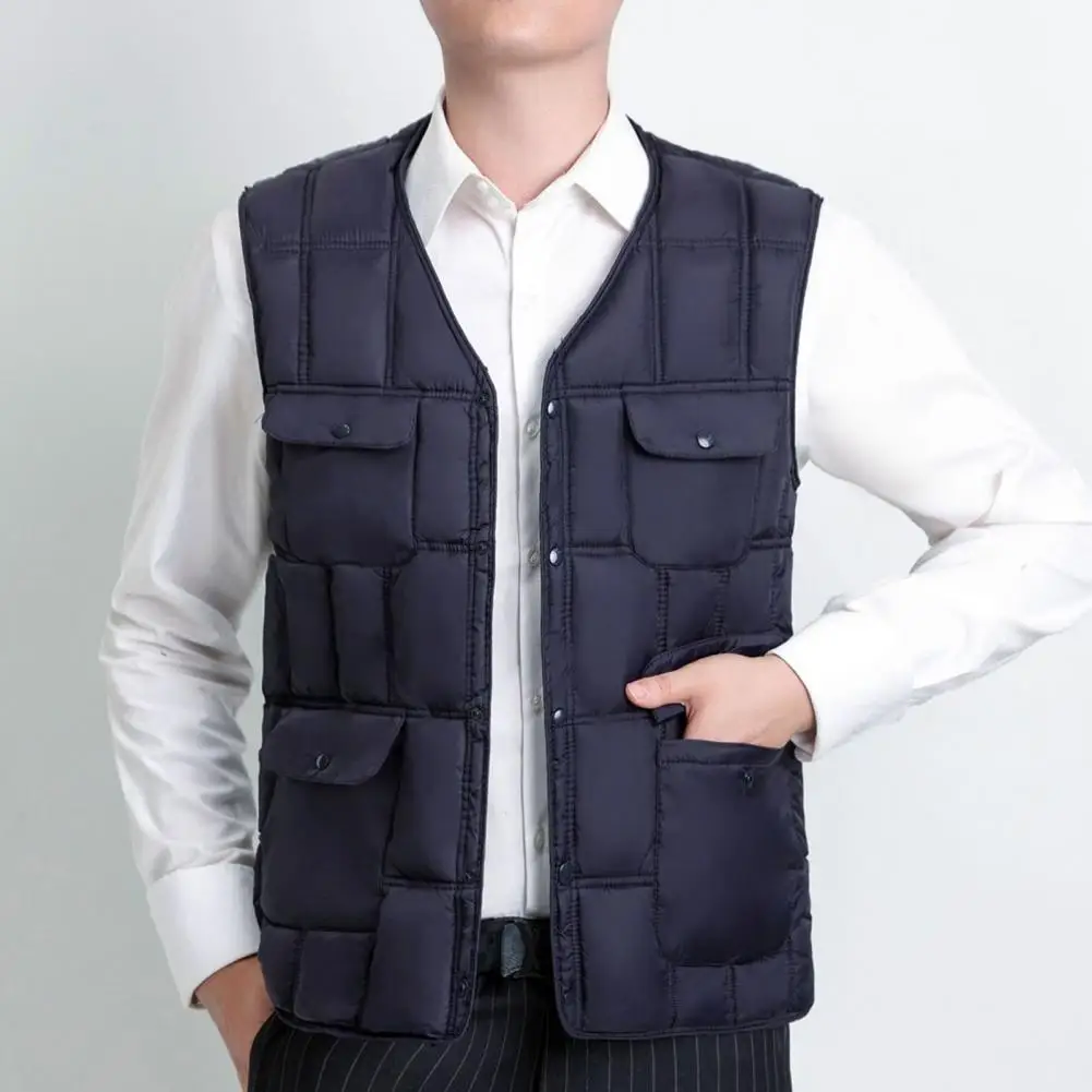 Men Snap-button Waistcoat Stylish Men's V-neck Waistcoat with Snap-button Design Slim Fit Cotton Vest Featuring Multiple for Men