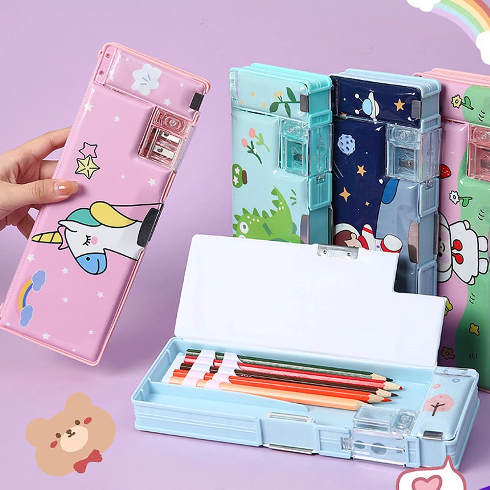 Cartoon Stationery Box with Pencil Sharpener Plastic Pencil Case Storage Box Student Supplies Kid Cute Pen Case Gifts