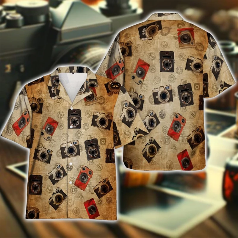 

Vintage Camera Graphic Beach Shirts Hip Hop Photographer Shirt For Men Clothes Photos Male Lapel Blouse Women Button Clothing