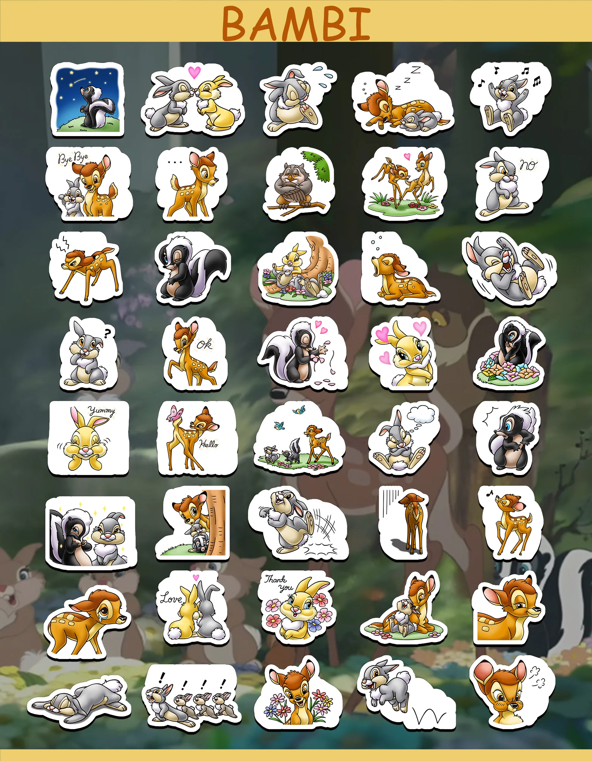 40 PCS Cartoon Bambi Stickers Kawaii DIY Travel Luggage Guitar Fridge Laptop Graffiti Sticker Kids