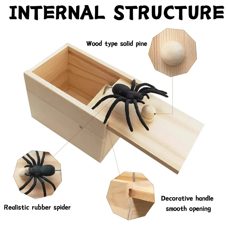 Trick Spider Funny Scare Box Wooden Hidden Box Quality Prank Wooden Scare Box Fun Games Prank Trick Friends Toy Halloween Gift