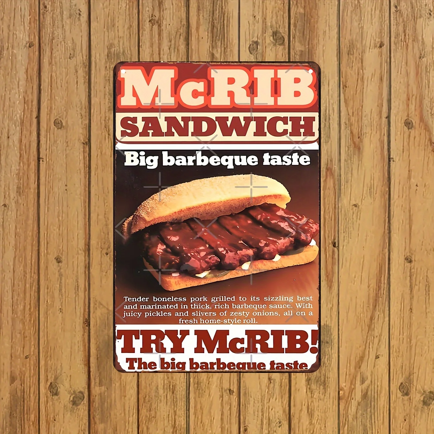  Vintage McRib Sandwich Metal Tin Sign -  Retro Wall Art with BBQ Taste Description, Perfect for Kitchen, Bar, or Home Decor, Du