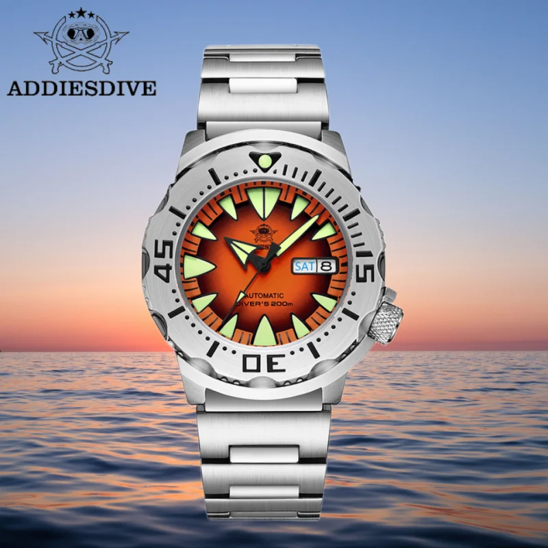 ADDIESDIVE Men Monster Watch AD2103 Luminous Sapphire Glass NH36 Diver Water Resistant 316L Stainless Steel Mechanical Watches