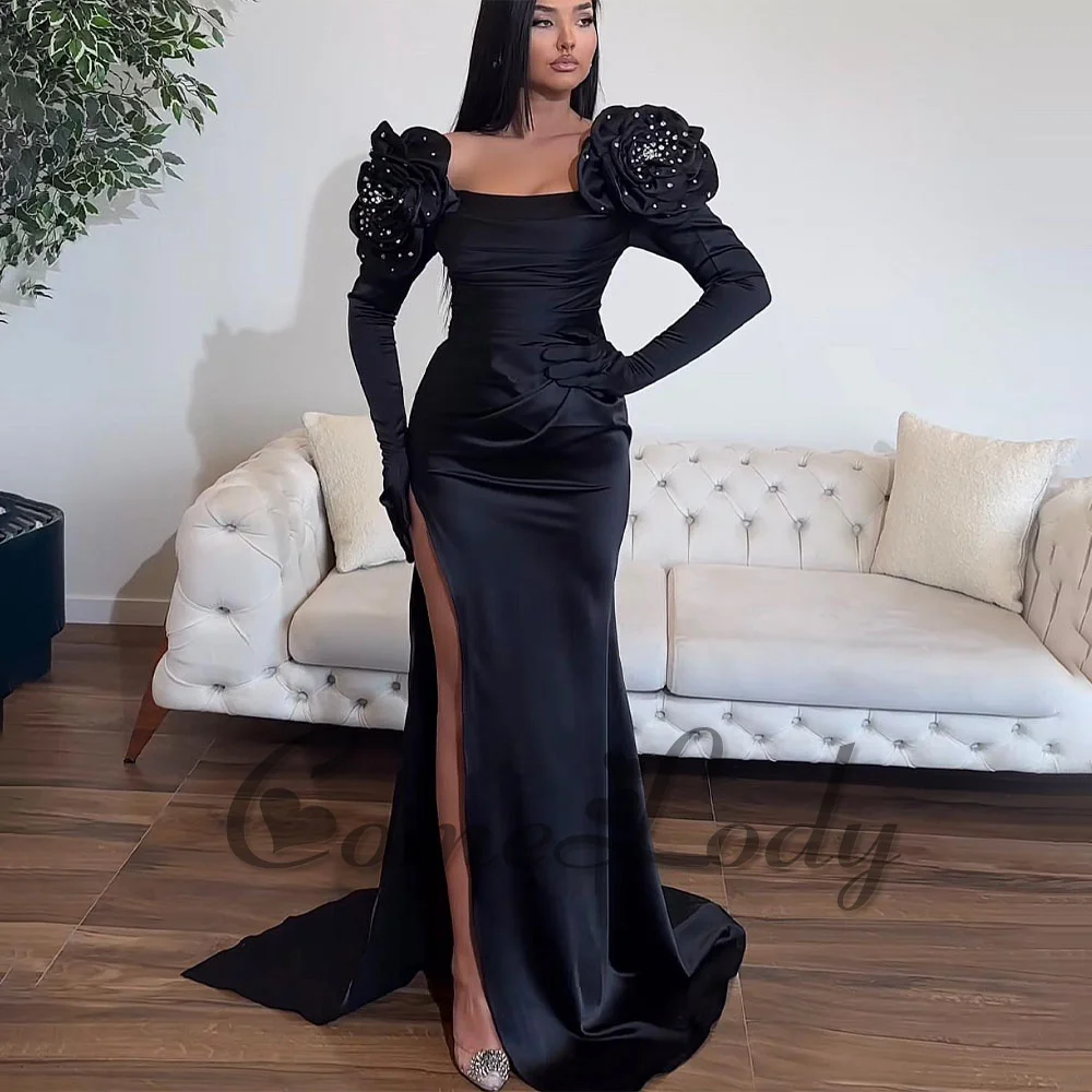 

Comelody Glamorous Long Sleeves Evening Dresses for Women 3D Flowers Slit Chapel Train Vestidos de Graduación Custom Made