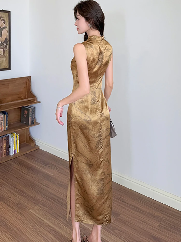 2025 Nuovo abito lungo senza maniche chic con stampa in raso di acetato Abito da sera coreano vintage di lusso da donna Abiti eleganti aderenti estivi