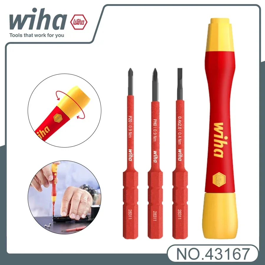 WIHA 43167 4 PCS PicoFinish®Insulated Screwdriver Set Removable Precision Electrician Tool for Slotted Phillips Pozidriv Screws