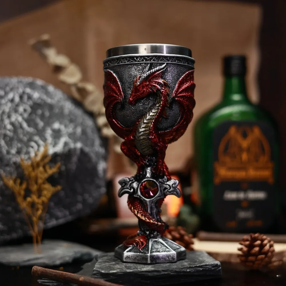 

Gem Dragon Medieval Goblet Chalice Resin Stainless Steel Wine Glass for Whiskey Champagne Cocktail Drinks with Gift Packaging