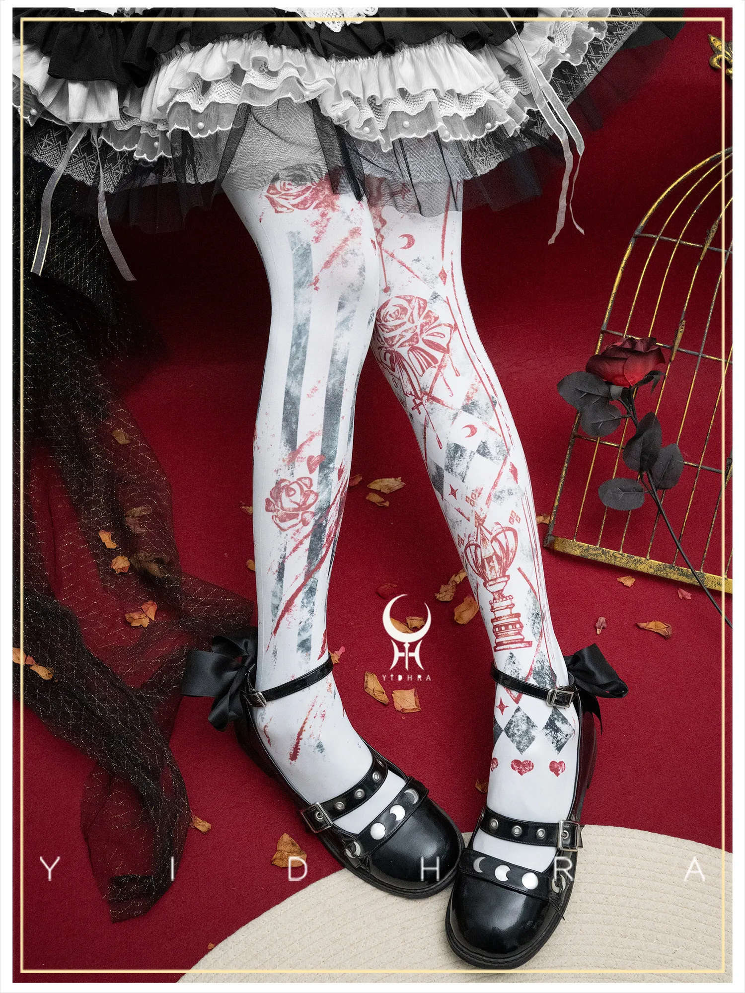 Gothic Lolita Printed Pantyhose Women Chess Rose Card Pattern Tights Japanese Dark Style Cosplay Full Length Hosiery Stockings