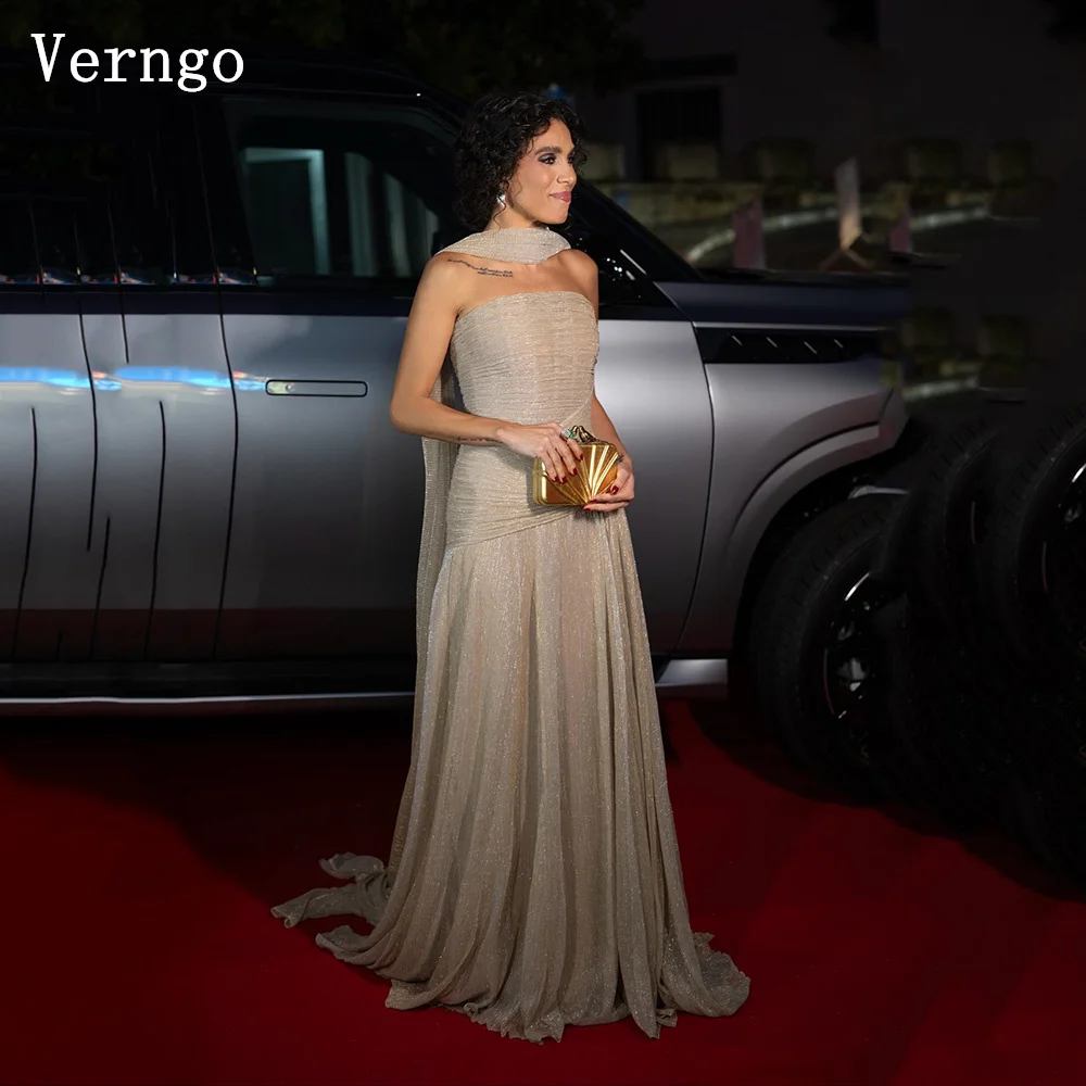 

Verngo Brown Shiny Evening Dress Strapless A Line Formal Occasion Dress Elegant Pleated Silk Prom Party Dress Customized