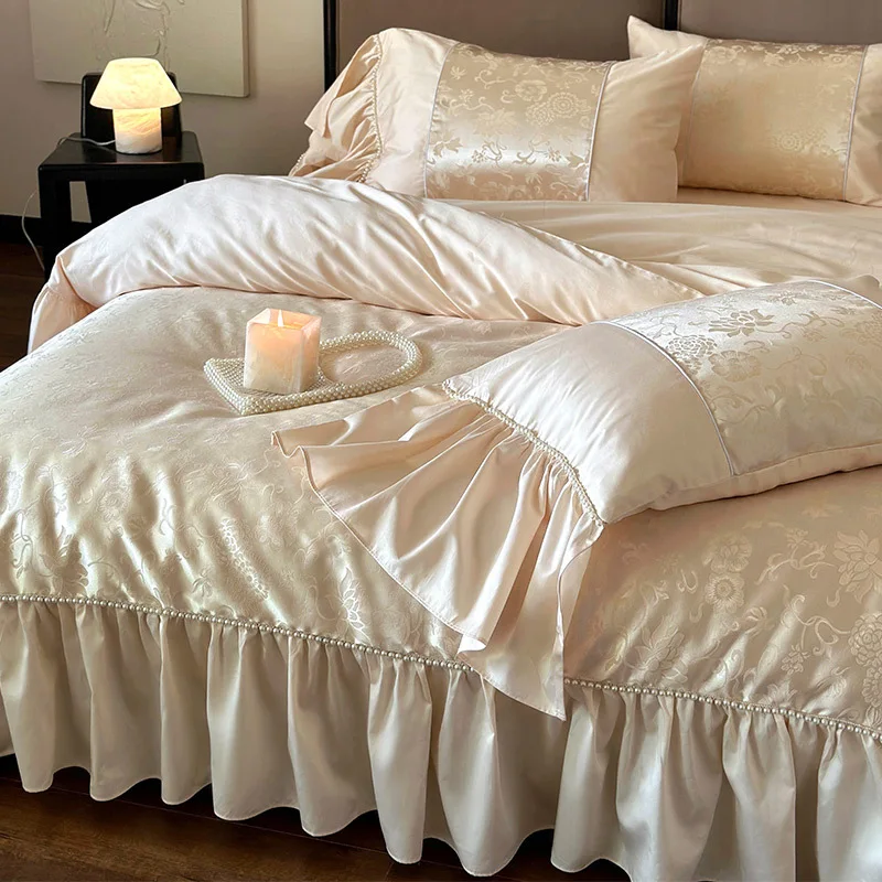 French Light Luxury Premium Jacquard Bedding Set with Pearls 140 Thread  Cotton High end Duvet Cover Set Cream Color Four Pieces