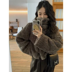 MEXZT Vintage Cropped Faux Fur Coat Women Elegant Stand Short Fluffy Jackets Winter Streetwear Korean Plush Outwear Overcoat New