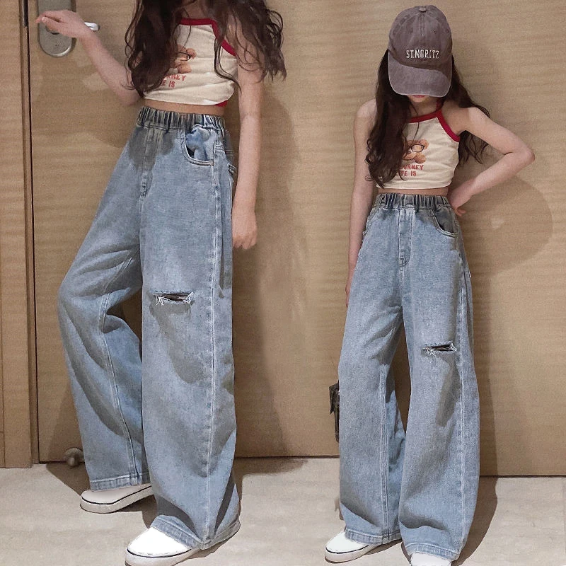 IENENS High Waist Jeans Girl Straight Loose Wide-leg Pants Spring and Autumn Korean Baggy Jeans Fashion Kids Denim Trousers