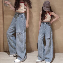 Ienens High Taille Jeans Mädchen gerade lose Hose mit weitem Bein Frühling und Herbst koreanische Baggy Jeans Mode Kinder Jeans hose