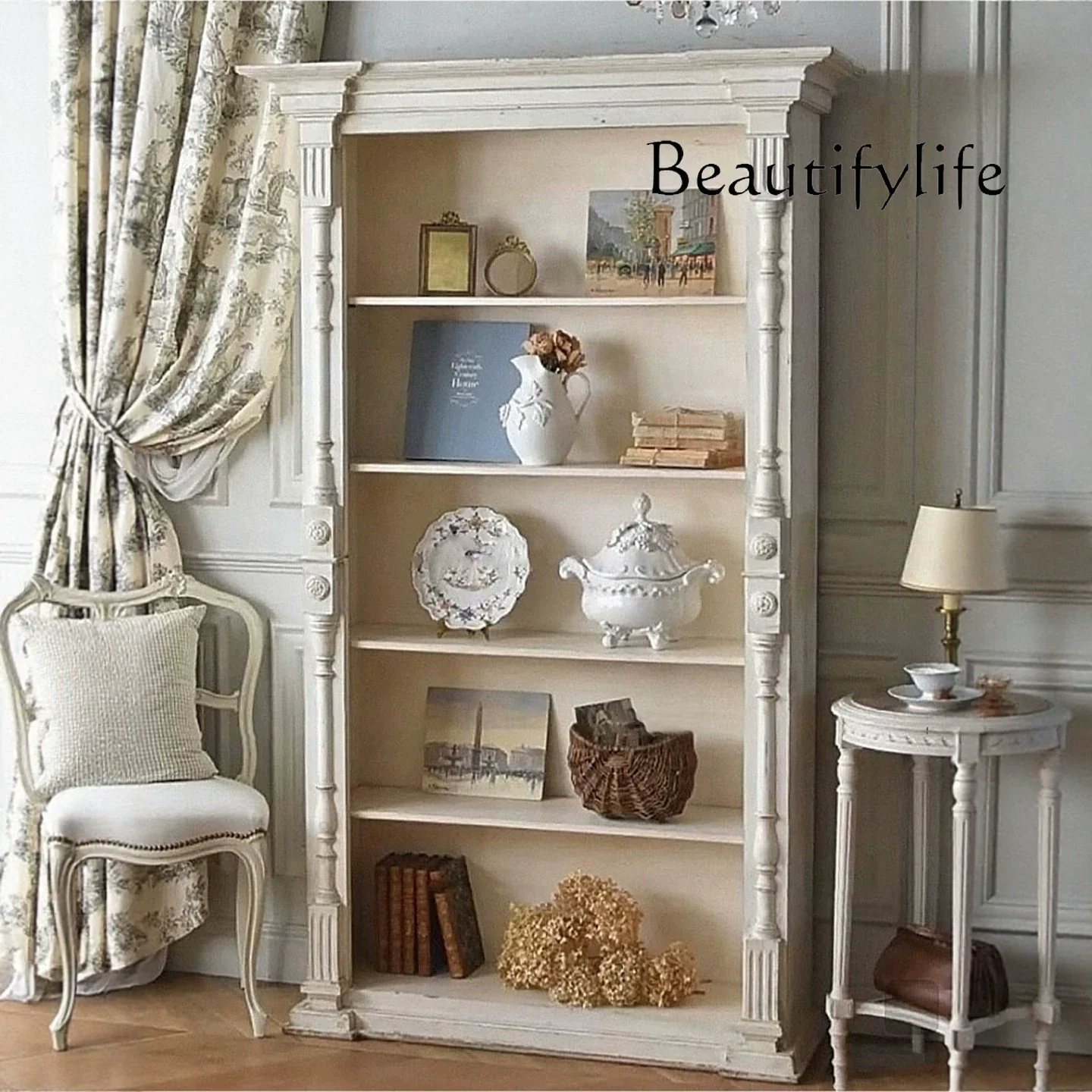 French solid wood bookcase villa living room carved display cabinet American country study old household goods