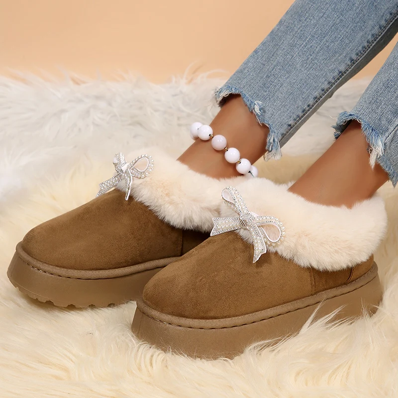 

Crystal Bowknot Faux Fur Snow Boots Women Winter Warm Thicken Plush Platform Ankle Boots Woman Non Slip Thick Sole Cotton Shoes