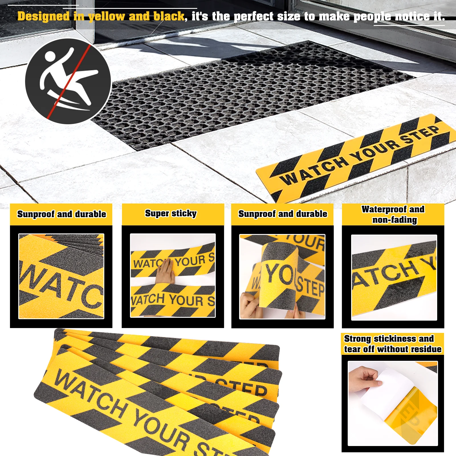 3/5/9 Uds. "Watch Your Step" cinta antideslizante señales de advertencia pegatinas de seguridad cinta de carretera pasos precaución suelo húmedo señal amarillo negro