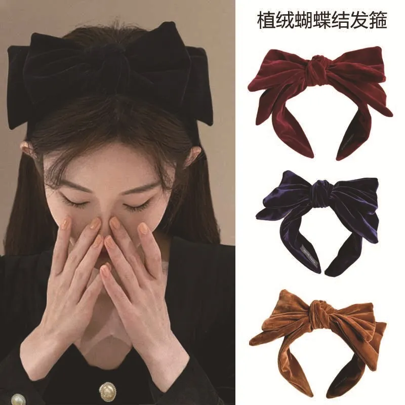 Korean High Temperament Wide Edge Fashion Headband Headdress French Retro Flocking Big Bow Headband Women