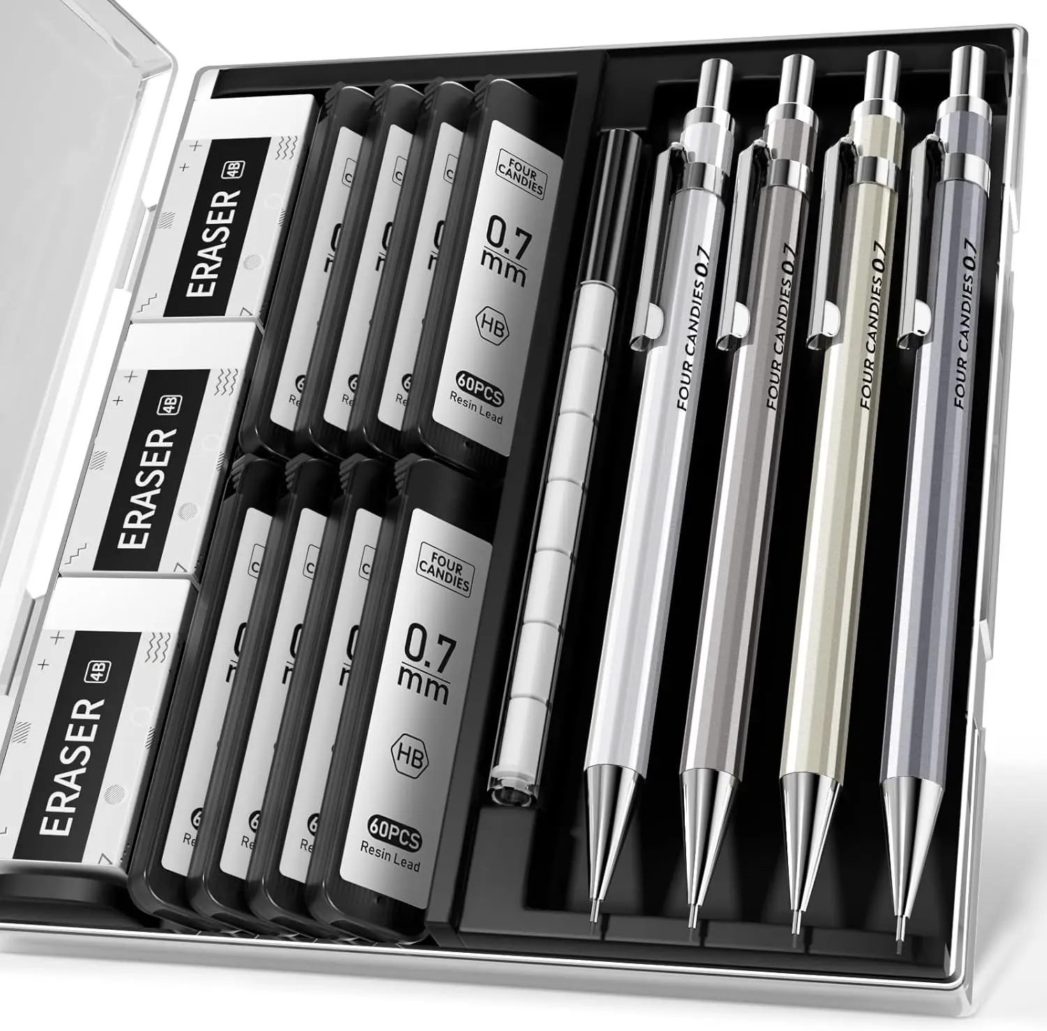 

0.7mm Metal Mechanical Pencil Set with Case, 4 Pencils, HB Lead, Erasers for Writing and Drawing